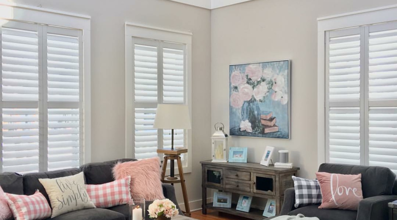 White shutters in cozy family room