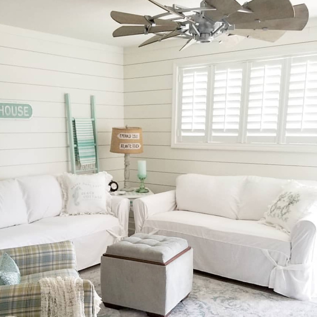 White plantation shutters in a basement