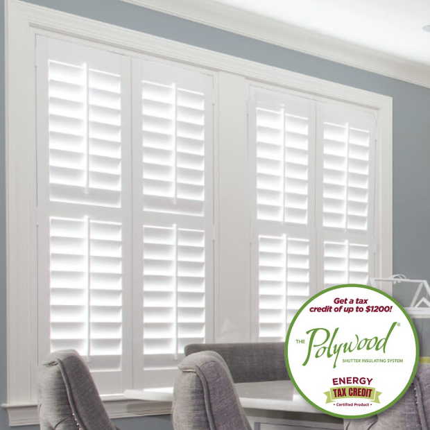 White Polywood shutter windows within a large kitchen 