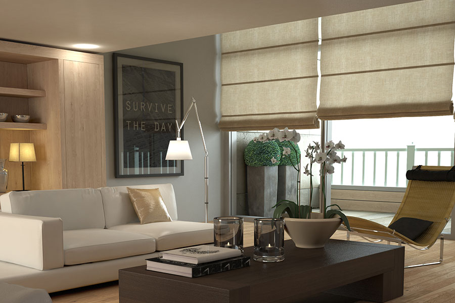 Tan Roman shades on large windows in a modern living room