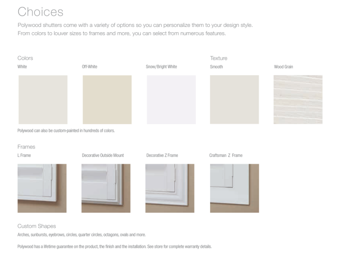 Shutter options for colors and frames
