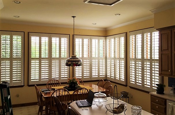 Polywood plantation shutters look great on large windows. Plantation shutters in kitchen