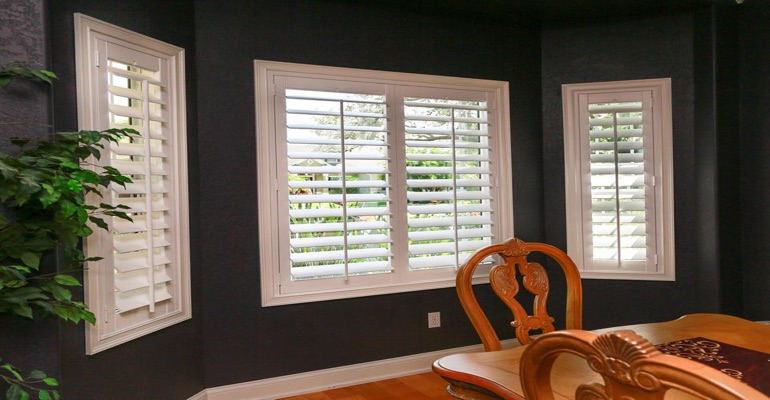 Beautiful Plantation Shutters In Dining Room With Dark Paint Beautiful Plantation Shutters In Dining Room With Dark Paint